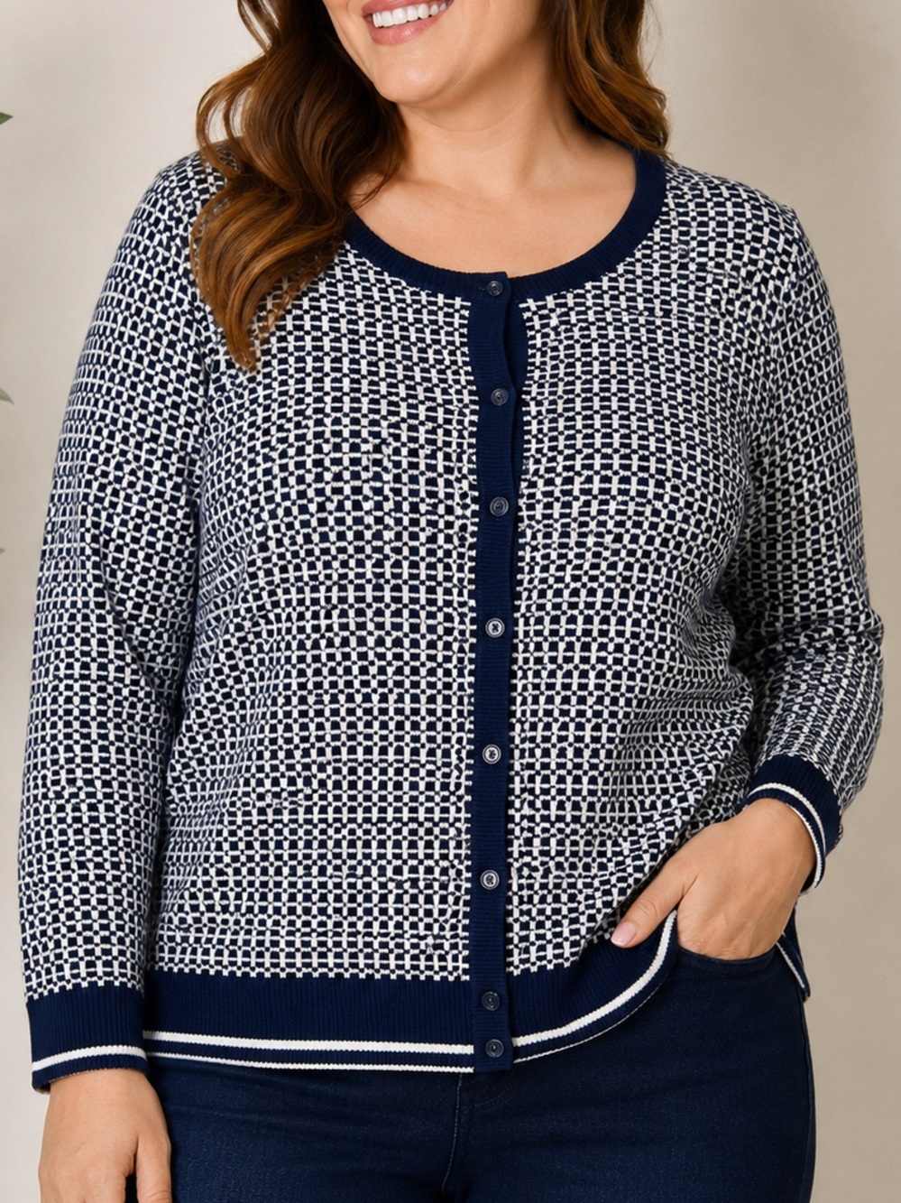Susina 2X Navy White Grid Knit Cardigan 100% Cotton Button Front Plus Size